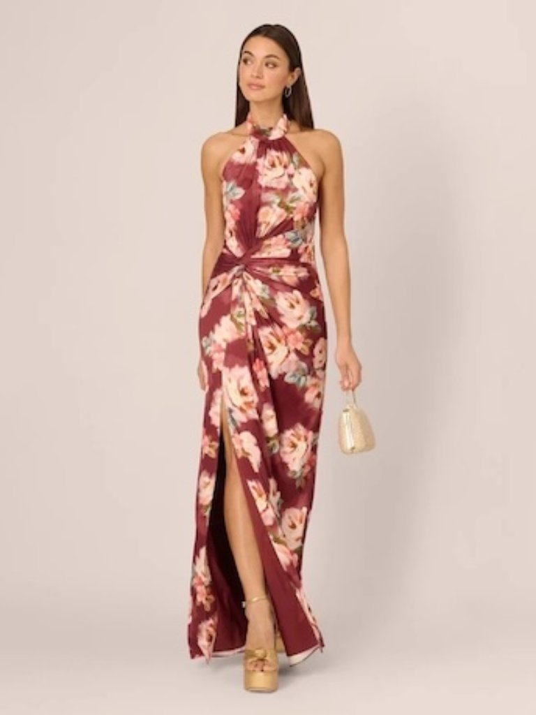 Adrianna Papell Brown Multi Satin Floral Sleeveless Halter Gown